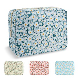 UIXIZQ - Bolsa de maquillaje de nailon, bolsa de viaje, bolsa de maquillaje floral, bolsa de aseo, organizador de maquillaje, bolsas de cosméticos con cierre, tamaño pequeño, grande para mujeres y niñas, Margarita verde, Large, Preppy