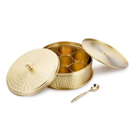 Ajuny Brass Round Golden Spice Box Masala Dabba Hammered Design with 7 Containers Double Lid & 1 Designer Spoon for Home Kitchen Spice Box Organizer 8x3 Inch