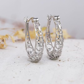 925 Sterling Silver Openwork Hoop Earrings with Four Leaf Clover & Persimmon Calyx, Rhodium Plated Hypoallergenic Hoops for Women