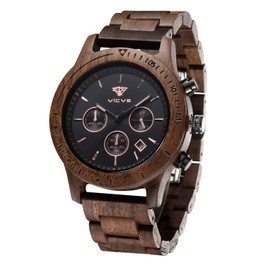 VICVS Men's Wooden Watch, 100% Natural Wood Watch, Japanese Quartz Movement with Date Display Chronograph Function, (Walnut)