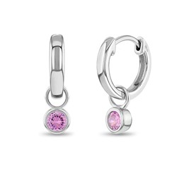 925 Sterling Silver Round Pink Cubic Zirconia Charm Huggie Hoop Earrings For Young Girls & Teens 12mm - Beautiful Pink Jewelry Gifts for Preteen Girls - Simple Hoop Earrings for Everyday Wear