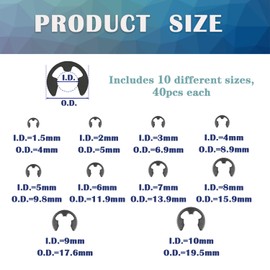 HayEastdor 400PCS 10 Size E-Clips Assortment Kit Black Alloy Steel E Clip Circlip External Retaining Ring Washer Includes Sizes 1.5mm-10mm HE002