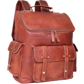 Brown Leather Backpack for Men – 17-inch Genuine Leather Laptop Bag, Vintage Travel Rucksack with Padded Straps, Large Capacity Carry-On for Office, College, Hiking & Airplane Travel