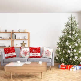 AIBIIN Christmas Cushion Covers Set of 4 Merry Christmas Snowflake Pillow Cases Red Christmas Throw Pillow Covers for Home Couch Decor 45 x 45 cm