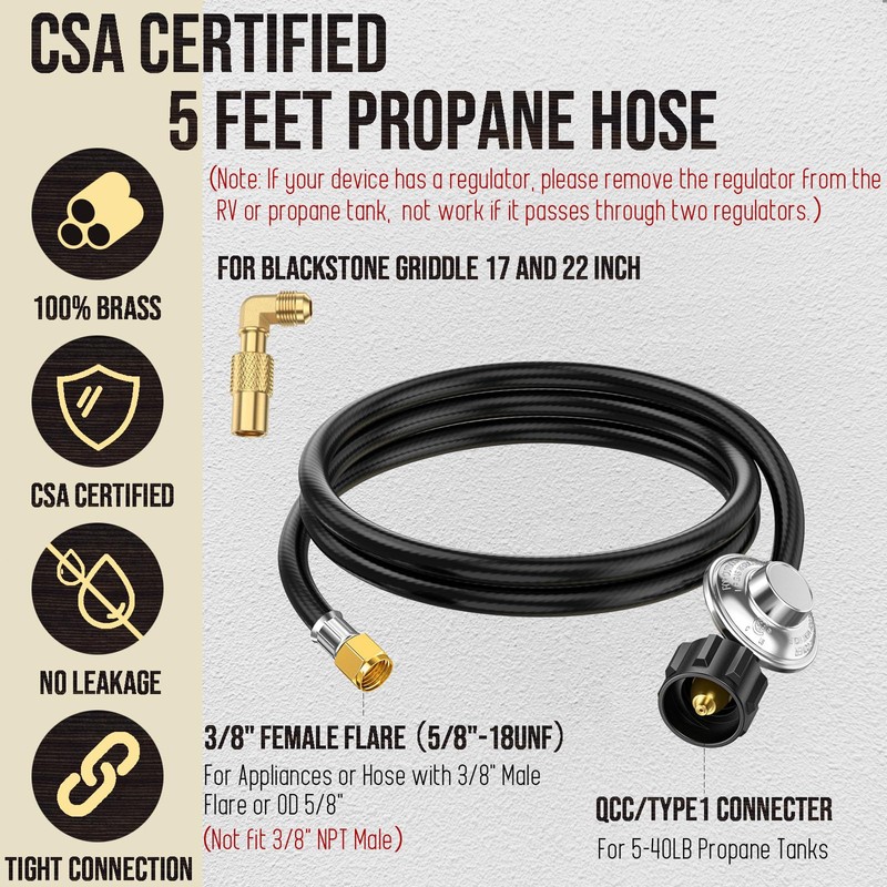 5 Feet Propane Regulator and Hose with Elbow Adapter for