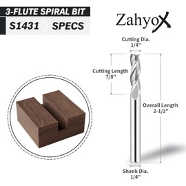 ZahyoX 3-Flute Upcut Spiral CNC Bit, 1/4" Shank Solid Carbide Router Bit, 1/4" CD - 1/4" SD - 7/8" CL - 2-1/2" OL, CNC Router Bits, CNC End Mill