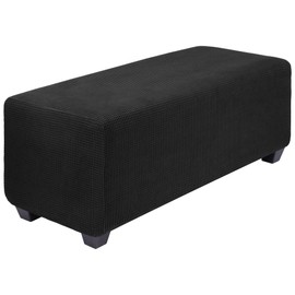 PiccoCasa High Stretch Ottoman Cover with Elastic Bottom, Soft Slipcover Jacquard Fabric Small Checks Rectangle Storage Stool Cover Furniture Covers Small Black
