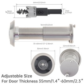HOJLKLD Door Viewer Peephole,Solid Brass 200 Degree Peep Hole with 16 MM Drill Bit for 1-1/2" to 2-3/8" Doors,5/8 Inch Pipe Diameter Door Eye Viewer with Privacy Cover (1, Brushed Nickel)