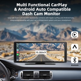 Carplay and Android Auto Monitor, Enhanced Wireless Mirror Link 10.26 Inch Touch Display 4K Front and 1080P Rear Recording Dash Cam Night Vision Parking, Apple Airplay Compatible