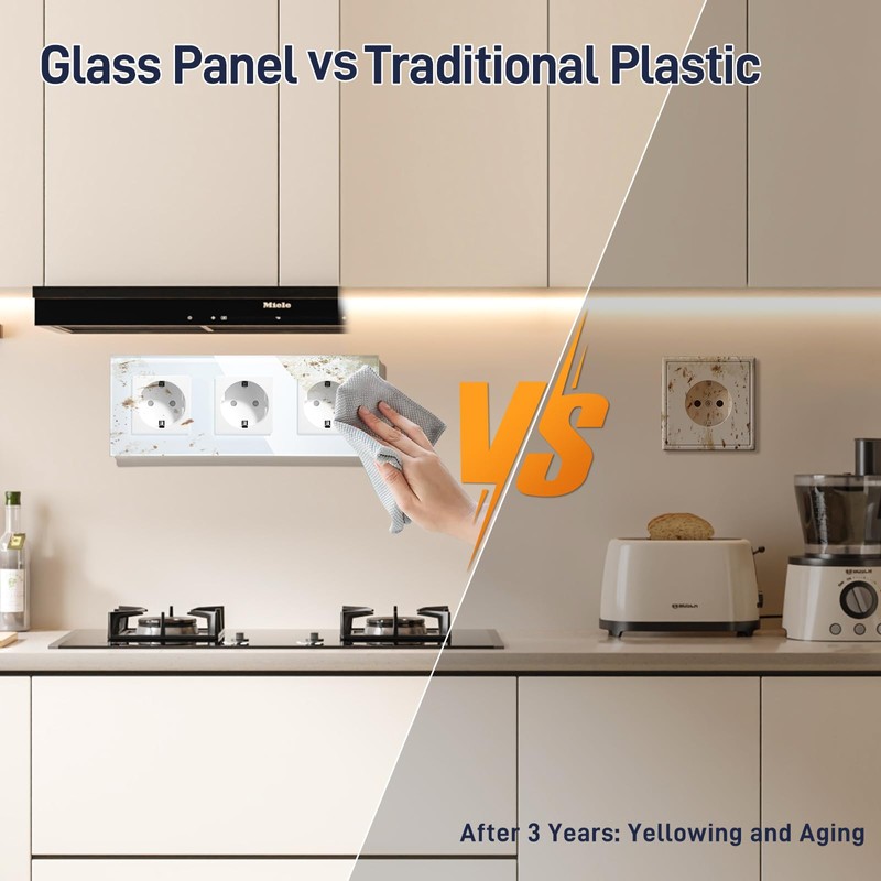 BSEED Glass Schuko Socket, 3-Way Crystal Glass Panel Socket, 3-Way