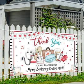 Printspree Banner 70.8x43.3 Inch - Thank You Emergency Nurses Week Banner, Elegant Red Cross Design with Medical Tools, Polyester Appreciation Sign for Hospitals