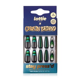 Lottie London x Chaun Legend Stay Press'd Press on Nail Set in Emerald City, Green Chevron, 30 False Nails