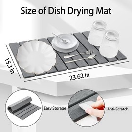 Collapsible Stone Dish Drying Mat，24"(L)×16"(W) Self Drying Mat for Kitchen Counter, Absorbent Quick Dry Diatomaceous Earth Pad, Large, Dark Gray