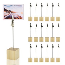 Photo Holder with Clips, 20 Pieces Wooden Card Stand, Memo Holder, Photo Holder Clip, Place Card Holder, Memo Clip Holder with Crocodile Closure, Wooden Base, Photo Stand, Place Card Holder Block