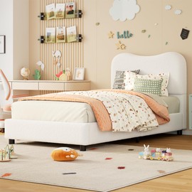 Senfot White Twin Kids Bed Frame with Upholstered Headboard, Low Profile Sturdy Platform Bed with Soft Boucle Fabric for Girls and Boys, Heavy Duty, Wooden Slats, Noise Free, No Box Spring Needed