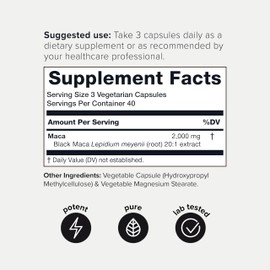 Black Maca Root - Ultra High Potency 20:1 Extract - Single Origin, Wildcrafted & Highly Concentrated - Third-Party Lab Tested - 120 Capsules