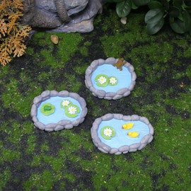 3 Detailed Resin Miniature Ponds: Landscape Accessories w/Lily Pads & Animals (Frog, Turtle, Ducks) for Dollhouse Decor, Fairy Garden, Terrarium, Adult Craft