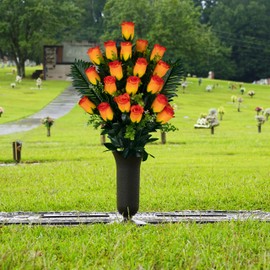 Sympathy Silks Artificial Cemetery Flowers - Gravesite Flowers - Orange Roses with Palm Leaves - (1) Bouquet (1) Cemetery Vase