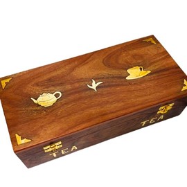 Handcrafted Sheesham Wood Tea Box with Brass Inlay, Decorative Storage Organizer for Tea Bags, Artisan Crafted in India, Elegant Kitchen & Gift Item (large)