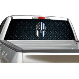 Spartan Helmet Police Thin Blue Line Diamond Plate Rear Window Graphic Decal for Truck SUV - 4 Sizes (20" x 66")