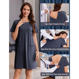 Deyeek Hospital Gowns for Women Tear Away Snap Open Back Post Partum Dress Short Sleeve Patient Gown With Pockets Navy M