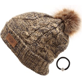 ANGELA & WILLIAM Women's Winter Fleece Lined Cable Knitted Pom Pom Beanie Hat with Hair Tie. (Multi Olive)