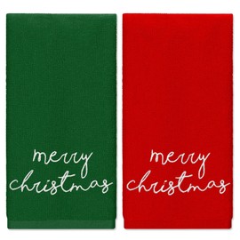 JarThenaAMCS 2Pcs Merry Christmas Hand Towels Red Green Cotton Embroidered Bathroom Towel Xmas Dish Towel for Drying Cleaning Cooking Gift, 29.5 x 13.7 Inch