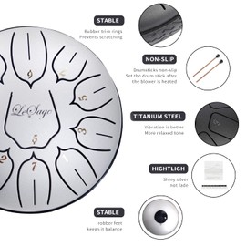 LeSage Steel Tongue Drum 6 Inch 11 Note Ethereal Drum Buddha Stone Drum Yoga Meditation Instrument Metal Drum for Sound Healing Handpan Percussion with Carry Bag Silver