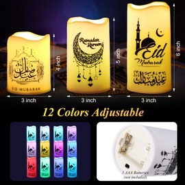 Tujoe 3 Pcs Eid Mubarak Flickering Flameless Candles Ramadan Decor Eid Mubarak Decor LED Battery Operated Candles Candle Ramadan Lights for Muslim Eid Decor Ramadan Decor for Home