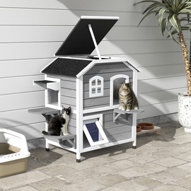 PawHut 2-Story Cat House Outdoor, Weatherproof Wooden Cat Enclosure for Feral Cats with Escape Door, Openable Roof, Jumping Platforms, Gray
