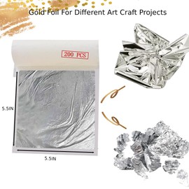 Hojas de plata para arte, 200 hojas de lámina de plata para paiting, resina dorada, roca, bronceado, manualidades, lámina de plata para arcilla, uñas, hojas de hoja de plata, 5.5 x 5.5 pulgadas