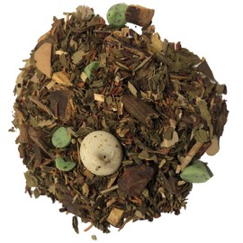 Peppermint White Chocolate - Caffeine Free - Carob beans, white chocolate , mint chocolate chips, green rooibos, peppermint, honeybush, red rooibos... (4 oz)