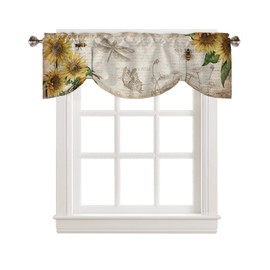 TocaHome Adjustable Tie-up Window Curtain Kitchen Valance for Living Room Sunflower and Bee on Vintage Old Newspaper Rod Pocket Semi Sheer Curtain Valance 1 Panel 54"x18"