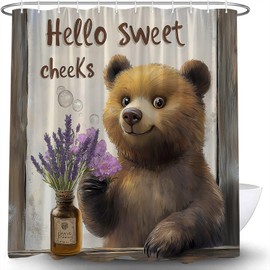Funny Bear Funny Bear Shower Curtain Rustic Cabin Wildlife Lavender Flower Plant Wooden Plank Vintage Farmhouse Lodge Cute Wild Animal Camping Country Bath Curtain with Hooks