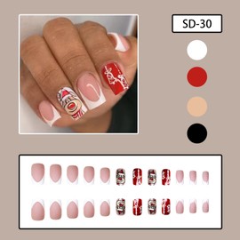 Christmas Press on Nails Short Square Winter French Tip Fake Nails Full Cover Xmas Elk False Nails with Designs Glossy Glue on Nails Cute Acrylic Nails Manicure Artificial Nails for Women Girls 24Pcs