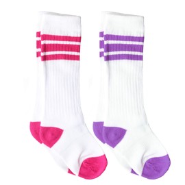 JuDanzy Calcetines altos hasta la rodilla para bebé, niños y niños con soporte para el arco, Blanco con púrpura y blanco con rosa intenso, 12-24 Meses