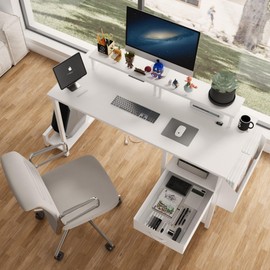 KEIKI 47 Inch Computer Desk with 2 Drawers and Power Outlets, Small Home Office Desk with 2 Monitor Stands, Open Storage Shelves & Hook, Modern Writing Desk Study Desk for Small Space, White