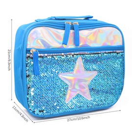 Portable Sequin Lunch Box Bag Insulated Lunch Food Tote Bag Reversible Sequin Mermaid Carry Bag Resistant Cooler Working School Picnics Star Food Storage Bag for Women Man Girl Kids (Blue)