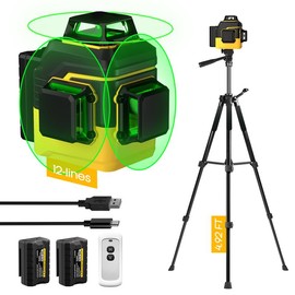 Laser Level with Tripod, Laser Level 3x360¬∞/2x360¬∞ Self Leveling 12/8 Green Line, Rechargeable Battery 3000 mAh & Type-C Charging Port, Compact Adjustable 1.6M Tripod & Carry Pouch Included:_two batteries 12-lines