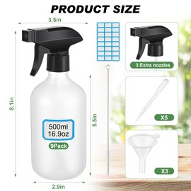 LOYIM 9 Pack 16oz/500ml Plastic Spray Bottle Bulk for Plant Small Spray Bottle Fine Mist Water Sprayer Upgraded Adjustable Nozzle Refillable Empty Containers for Cleaning, Hair, Cooking(Frosted)