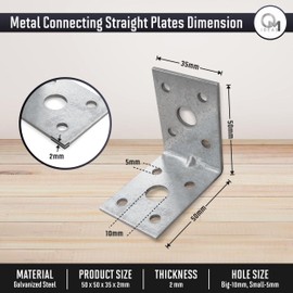 OMIDEAS 10 x Angle Brackets (50 x 50 x 35 x 2) Heavy Duty Corner Sleeper Bracket with Beading Timber Wood Metal Joining Fixing L Galvanised Steel Sheet Connector