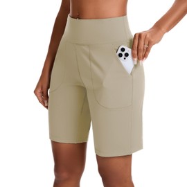 EZPERY Bermudas para mujer con bolsillo con cierre para mujer, pantalones cortos largos de cintura alta para correr, entrenamiento, atletismo, Beige, Small