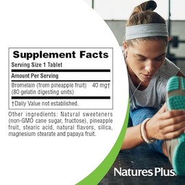 Natures Plus Bromelain 40 mg (600 GDU) - 180 Chewable Tablets - Proteolytic Enzyme Supplement, Sinus Support Supplement, Anti Inflammatory - Vegetarian, Gluten Free - 180 Servings