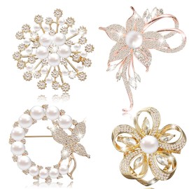 Yadiana 4 Pcs Gold Brooches and Pins for Women, Simulated Pearl Rhinestone Crystal Brooch Pins Stylish Women's Flower Butterfly Brooches Pins Bulk, Elegant Clothing Accessory Pins for Women Fashion