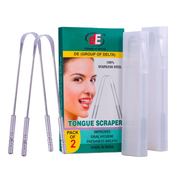 Pack of 2 Tongue Scraper with 2 Travel Cases, Reduce Bad Breath, 100% Stainless Steel Tongue Cleaners, 100% Metal Tongue Scrapers Fresher Breath in Seconds