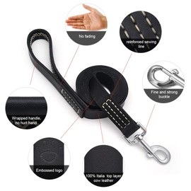Leather Dog Leash 6Ft&1'' Wrapped Handle Cowhide(Never Fading) Heavy Duty Padded Lead for Medium, Large Dogs Training and Walking (Black)