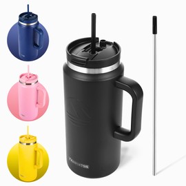 FAHRMOSIS 64 Oz Tumbler with Handle and Straw Half Gallon Water Bottle Stainless Steel Travel Mug for Hot & Cold Drinks, Reusable Water Bottle with Lids and Straw - Black