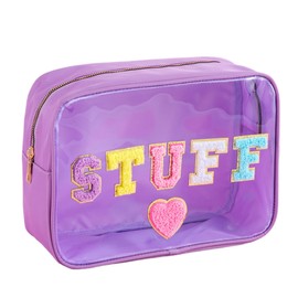 Transparent PVC Cosmetic Bag with STUFF Chenille Letters - Waterproof Large Capacity See-Through Organizer for Beach, Pool & Travel, Trendy Swim Essentials for Women Teen Girls(Purple-STUFF)