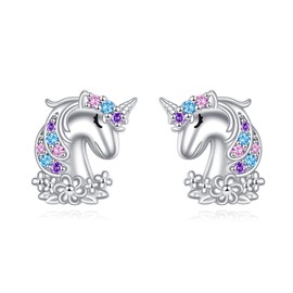 POPLYKE Unicorn Earrings 925 Sterling Silver Unicorn Stud Earrings Cute Animal Earrings Unicorn Jewelry for Women and Unicorns Lovers