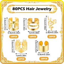 80 PCS Hair Jewelry for Braids, Gold Hair Cuffs, Dreadlock Accessories, Adjustable Hair Rings Charms Braid Hair Accessories Decorations for Women Girls